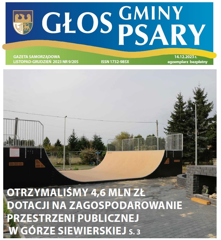 Grafika przedstawia okładkę Głosu Gminy Psary, na zdjęciu zagospodarowanie terenu za remizą i OK w Górze Siewierskiej