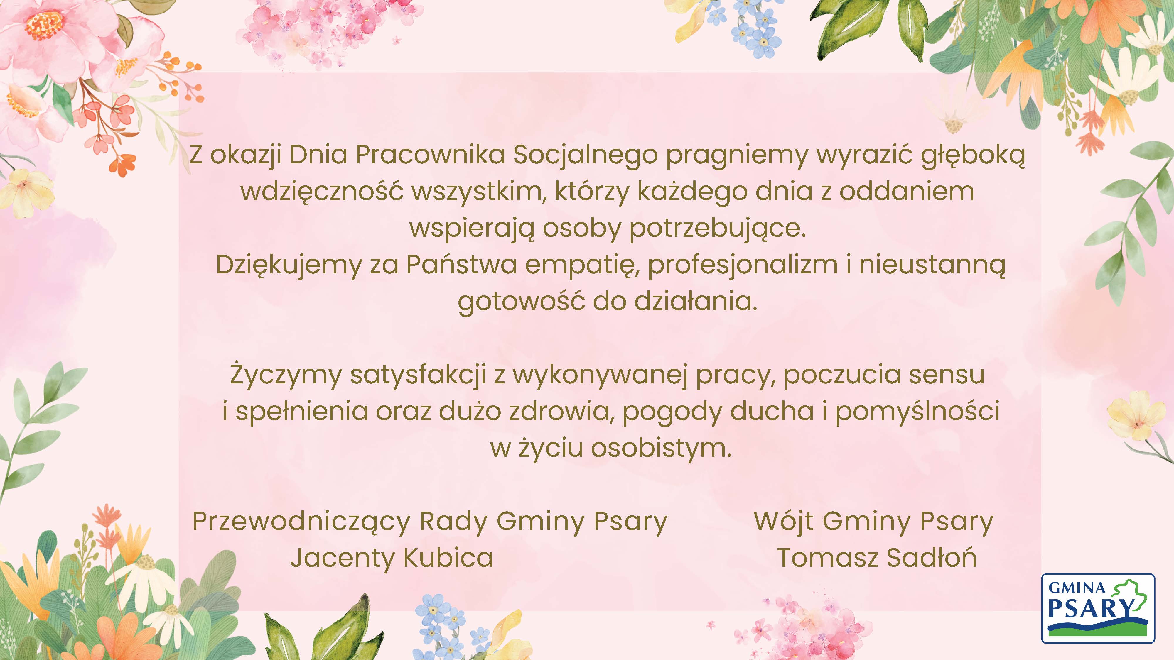 Grafika przedstawia życzenia na Dzień Pracownika Socjalnego w ramce w kwiaty