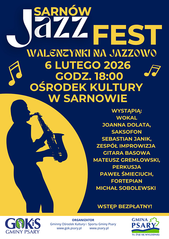 Plakat na wydarzenie: Koncert Walentynki na Jazzowo, który odbędzie się 6 lutego o godz. 18:00 w Ośrodku Kultury w Sarnowie