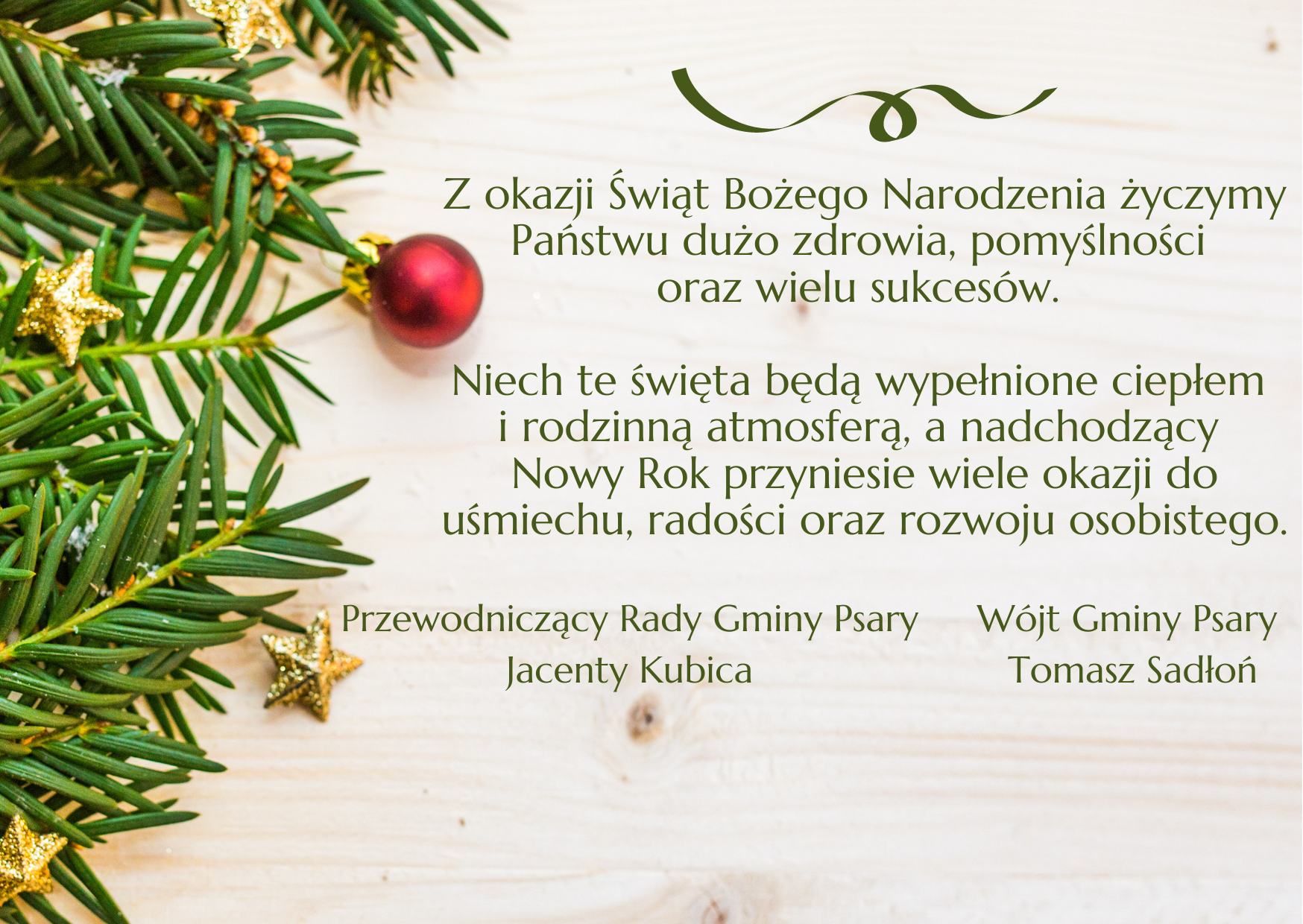 Z okazji wit Boego Narodzenia yczymy Pastwu duo zdrowia pomylnoci oraz wielu sukcesw Niech te wita bd wypenione ciepem i rodzinn atmosfer a nadchodzcy Nowy Rok przyniesie wiele okazji do umiechu