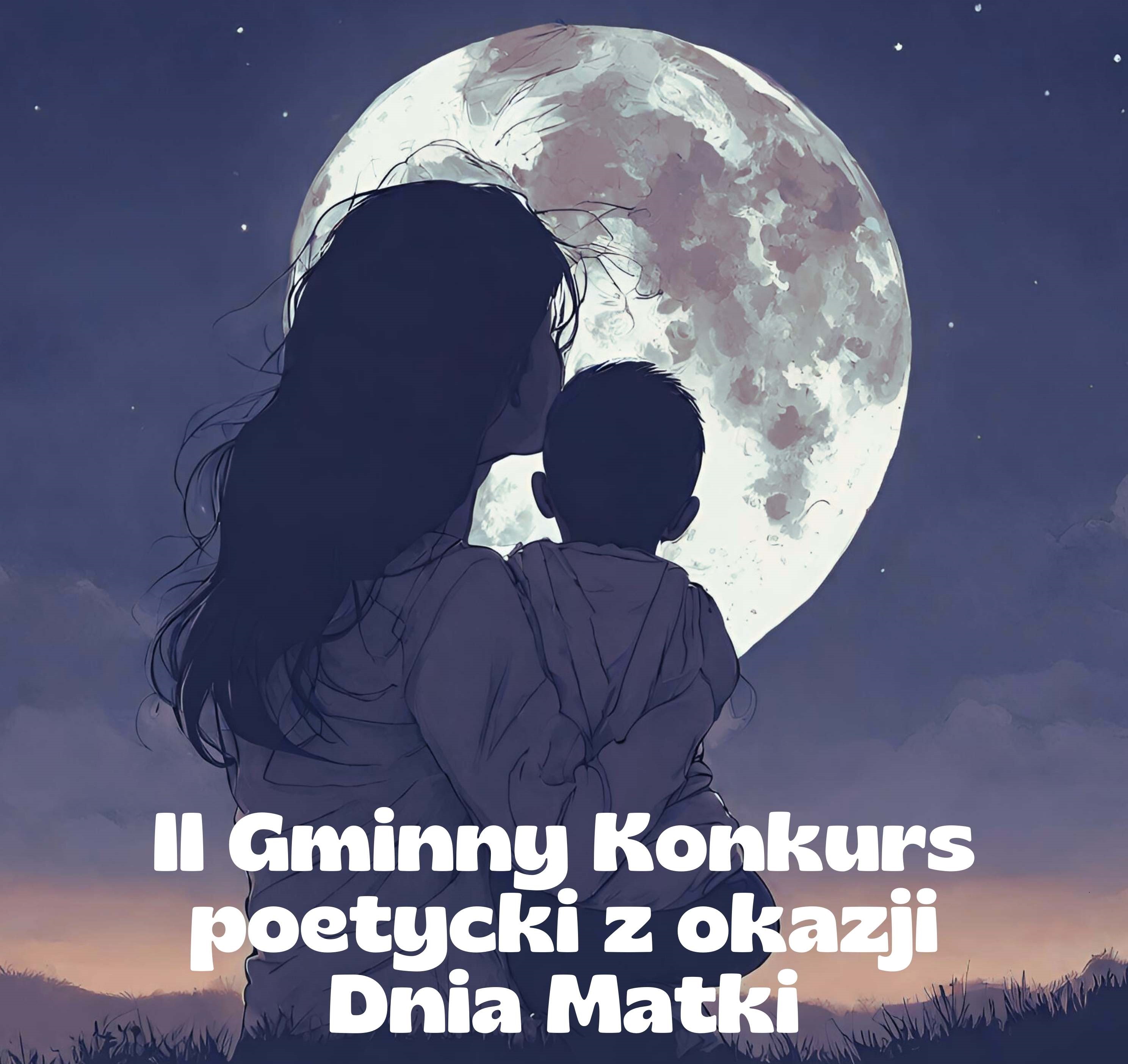 Grafika przedstawia mamę i dziecko odwrócone w stronę księżyca