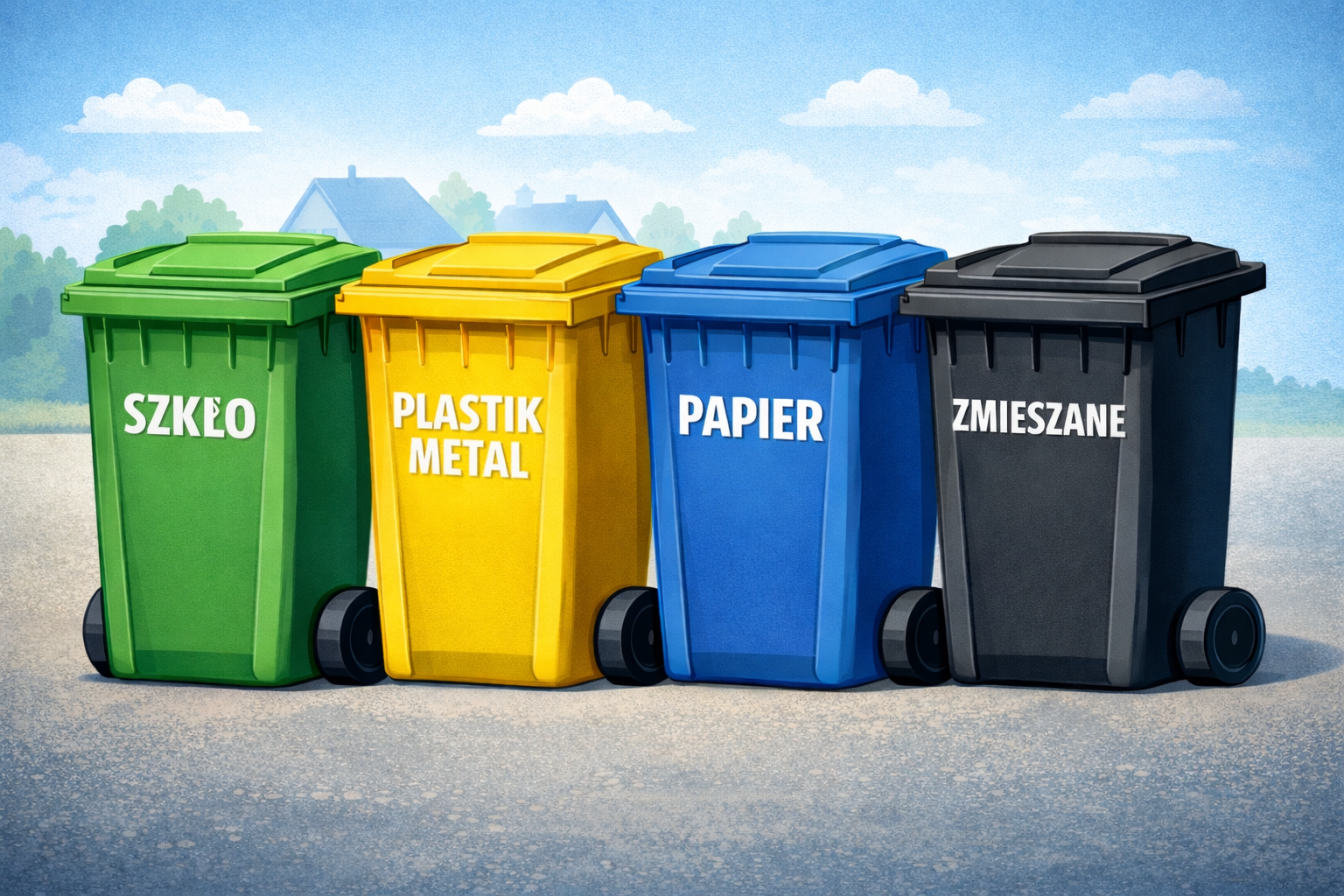 Grafika przedstawia pojemniki na śmieci