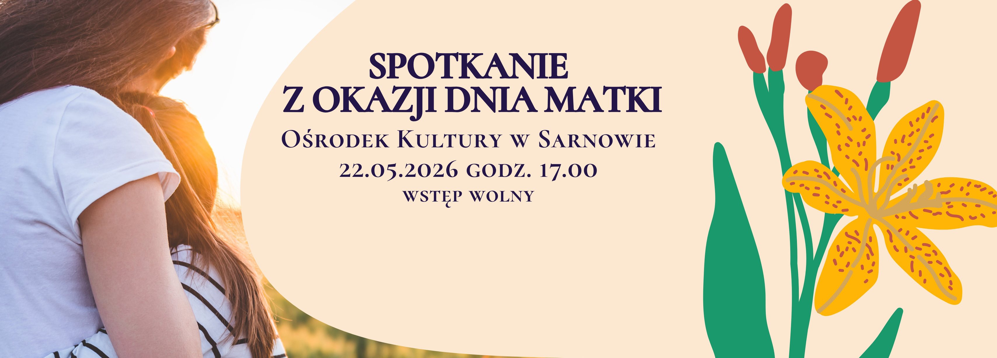 Grafika przedstawia matkę przytulającą córkę, po prawej stronie żółte kwiaty.